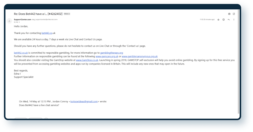 Bet442 Email Response