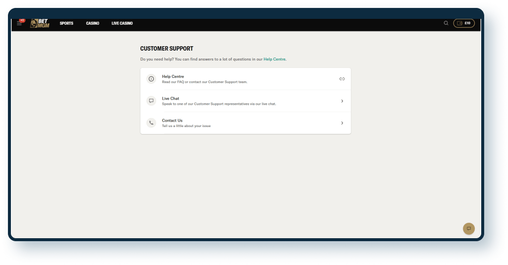 BetMGM Support Page