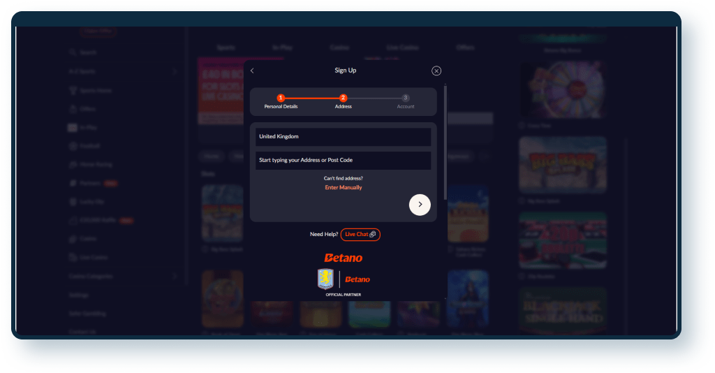 Betano Registration step 2