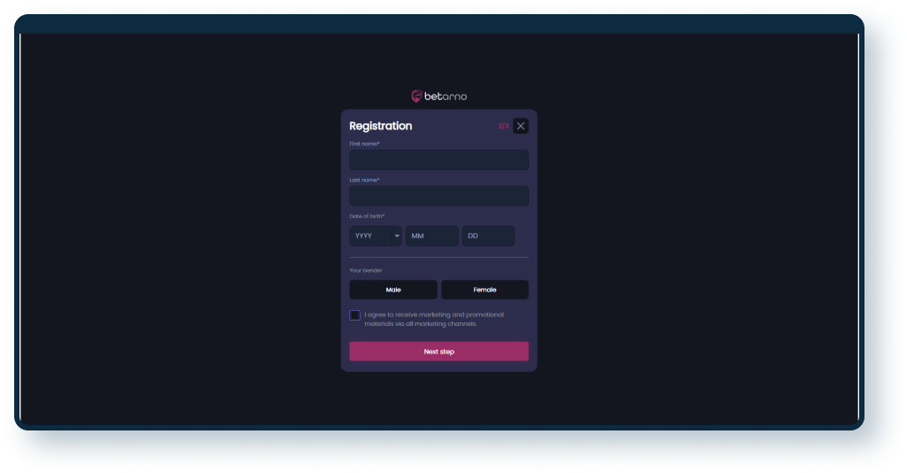 Betarno Registration step 2