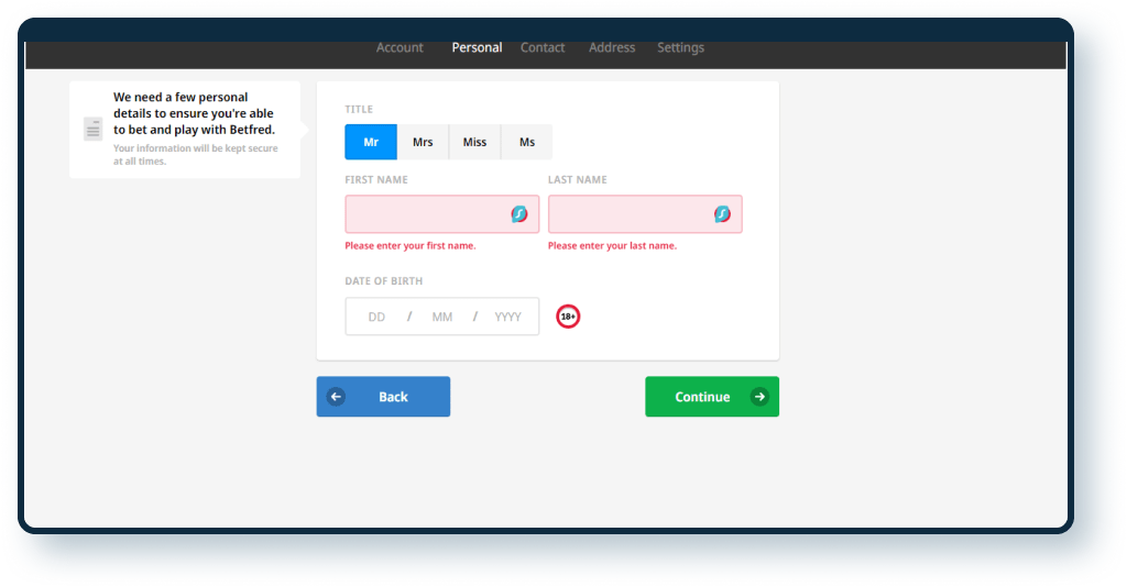 Betfred Casino Registration step 3