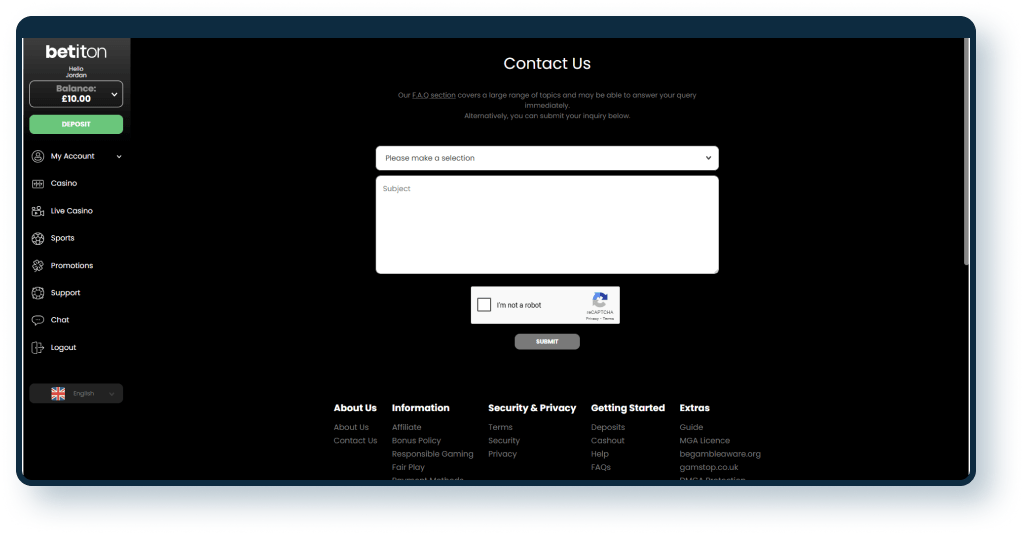 Betiton Casino Contact Form