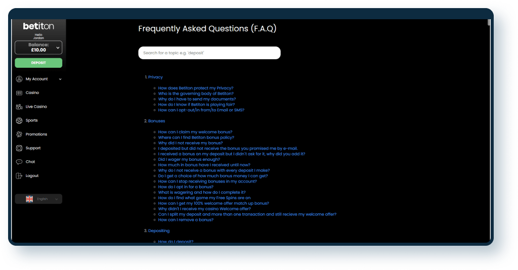 Betiton Casino FAQ page