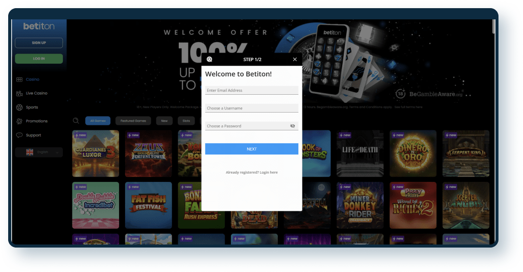 Betiton Casino Registration step 1