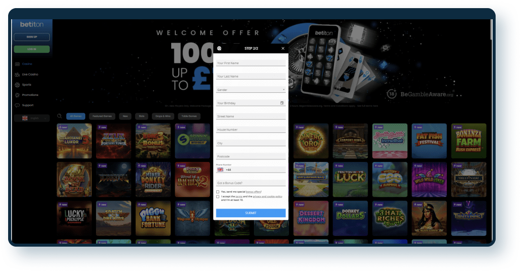 Betiton Casino Registration step 2