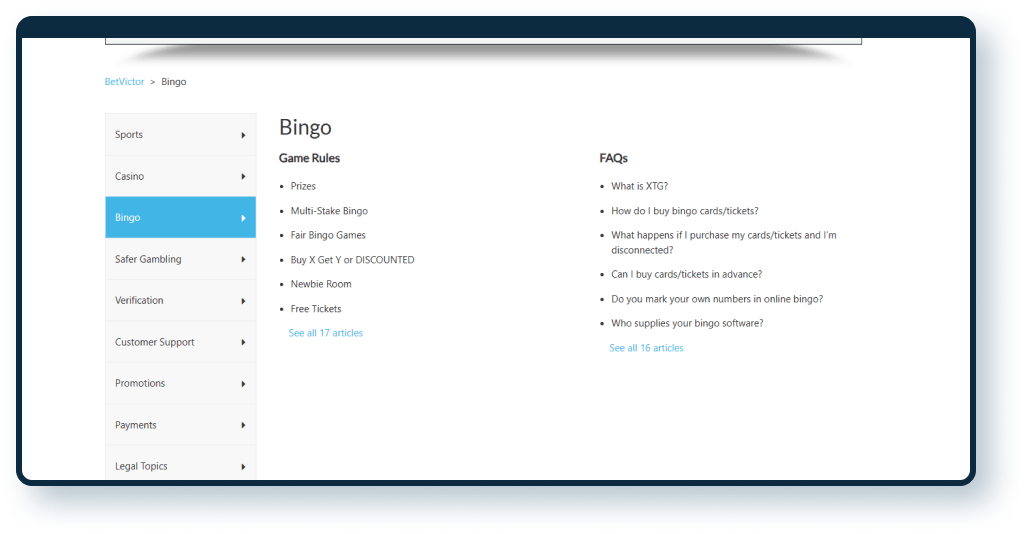 Betvictor Casino faq page