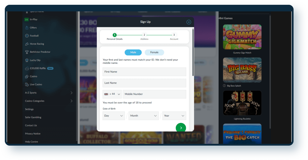 Betvictor Casino Registration step 2