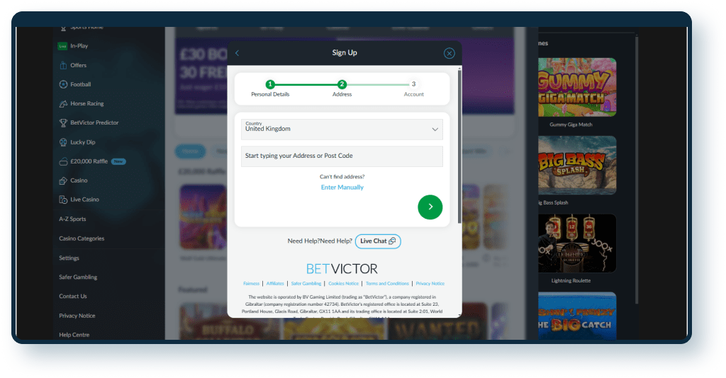 Betvictor Casino Registration step 3