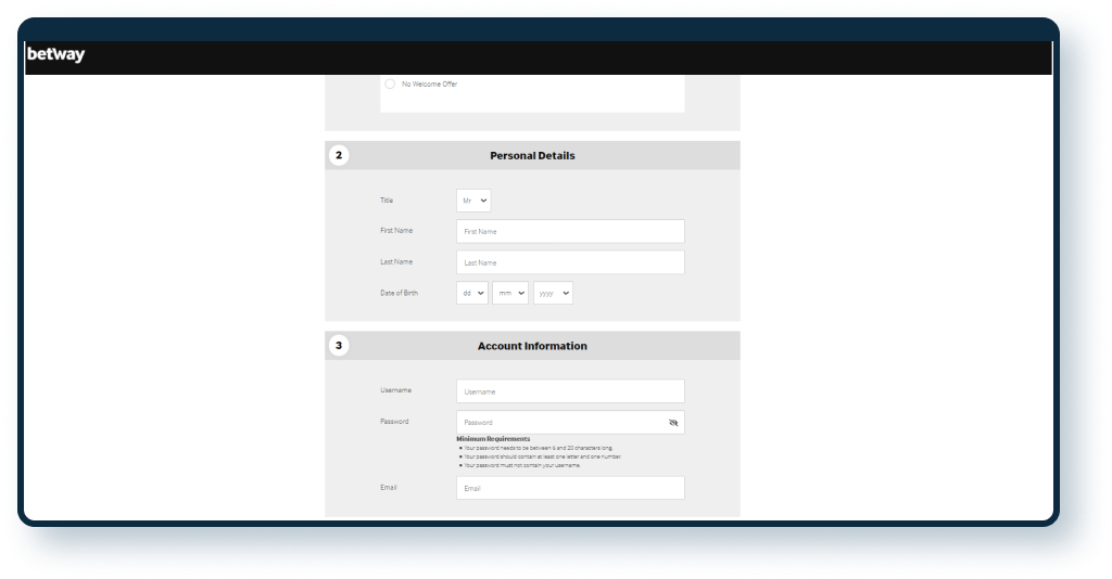 Betway Casino Registration step 3