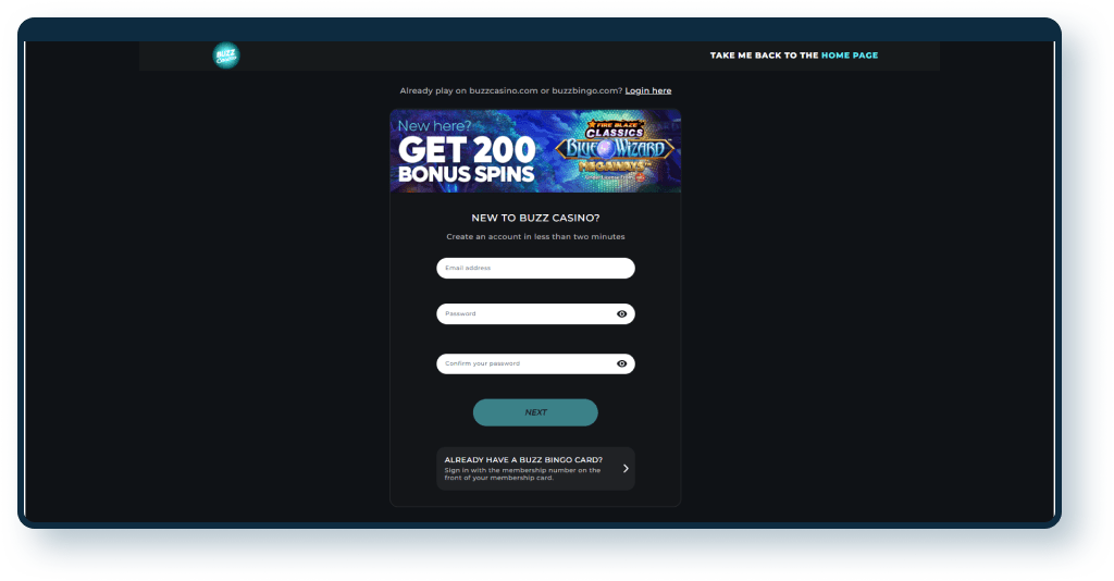 Buzz Bingo Registration step 1