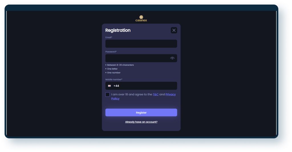 Casinex Registration step 1