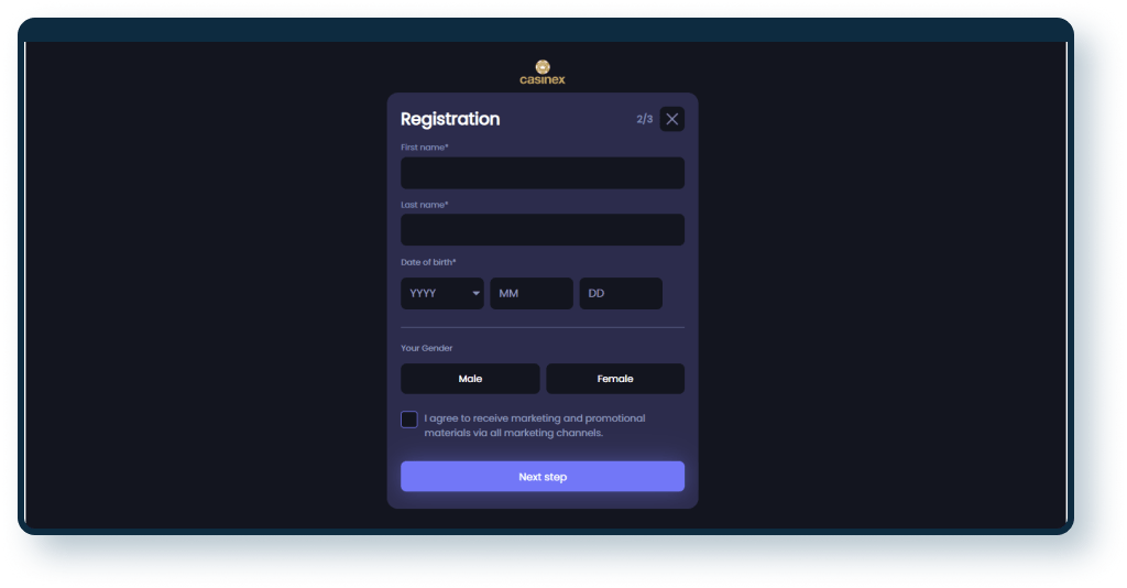 Casinex Registration step 2