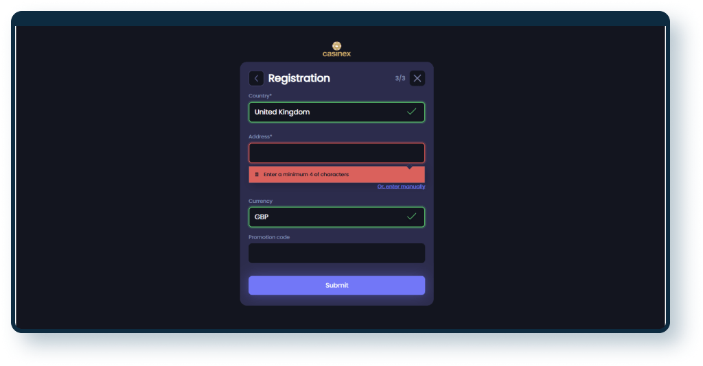 Casinex Registration step 5