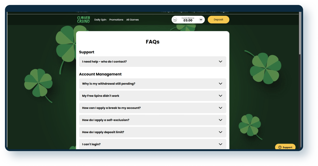 Clover Casino FAQ page