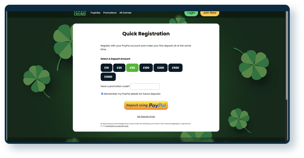 Clover Casino Quick Registration step 1
