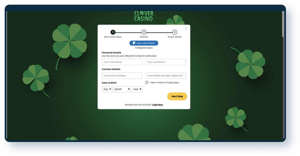 Clover Casino Registration step 1
