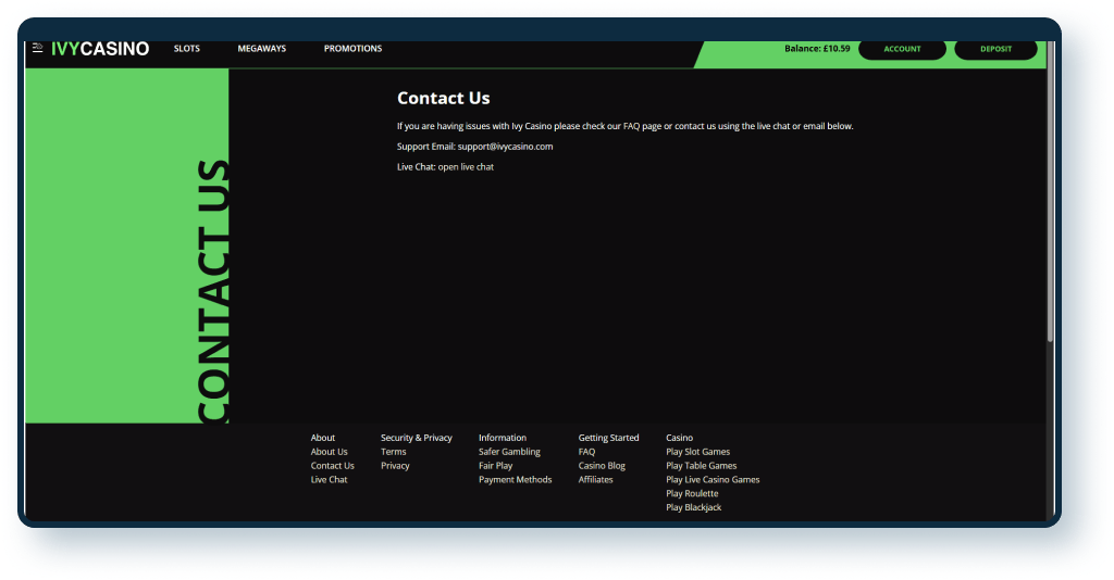 Ivy Casino Contact page