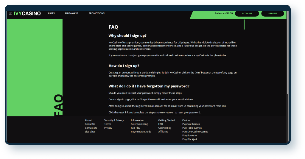 Ivy Casino FAQ Page