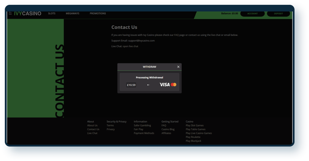 Ivy Casino Withdrawal step 2