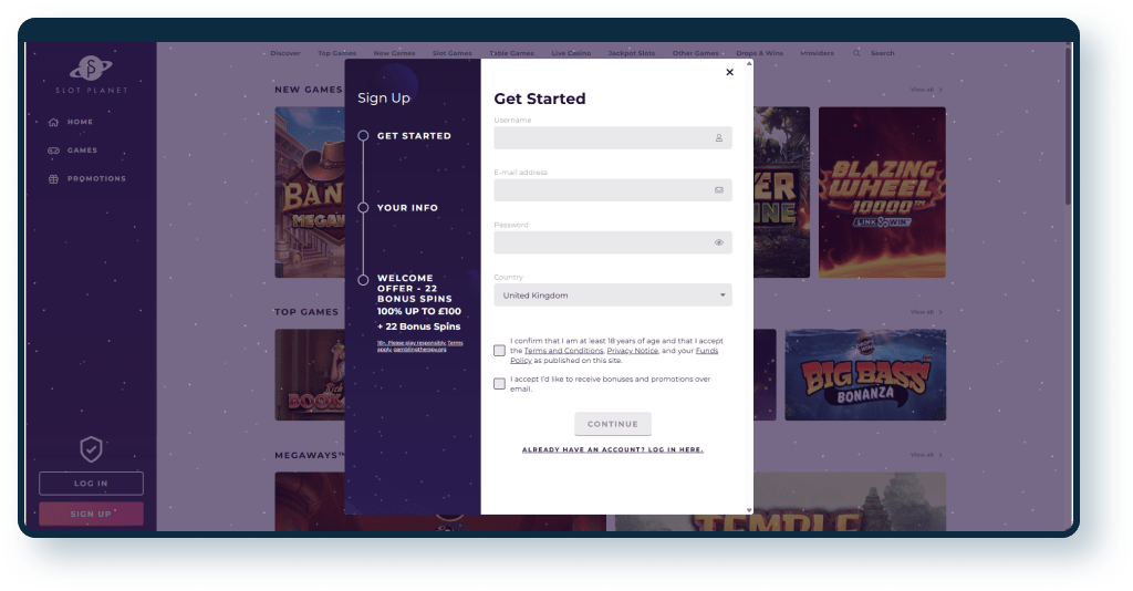 Slot Planet Registration step 2