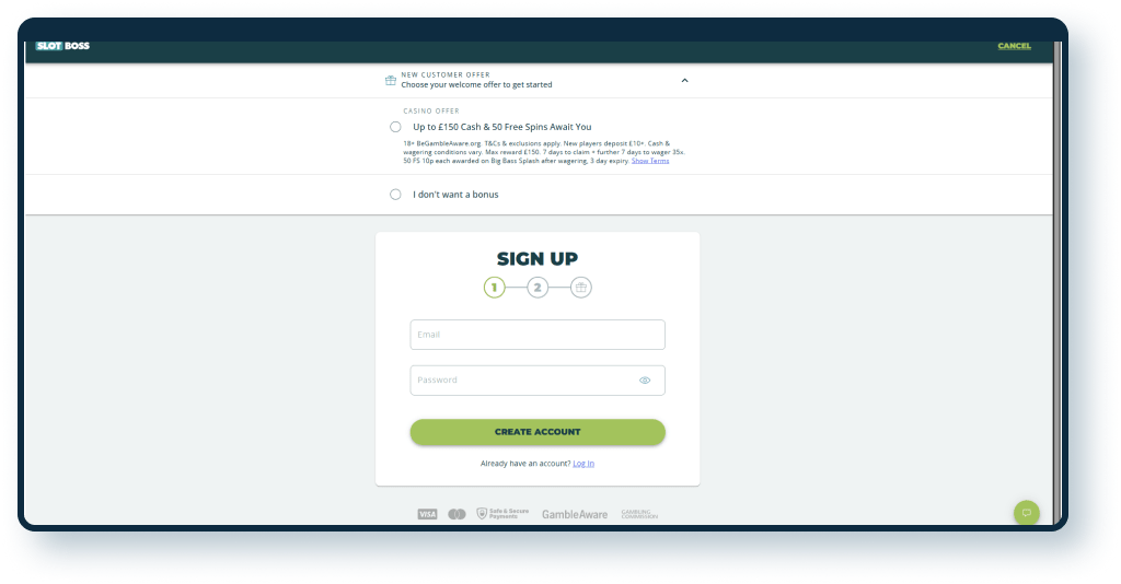 Slot Boss Registration step 2