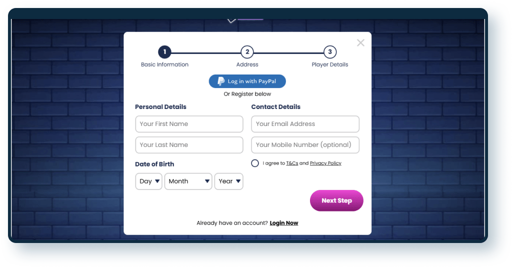 Registration at slotsitesuk.co.uk Step 1