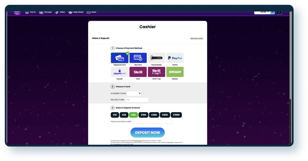 Space Wins Deposit step 1
