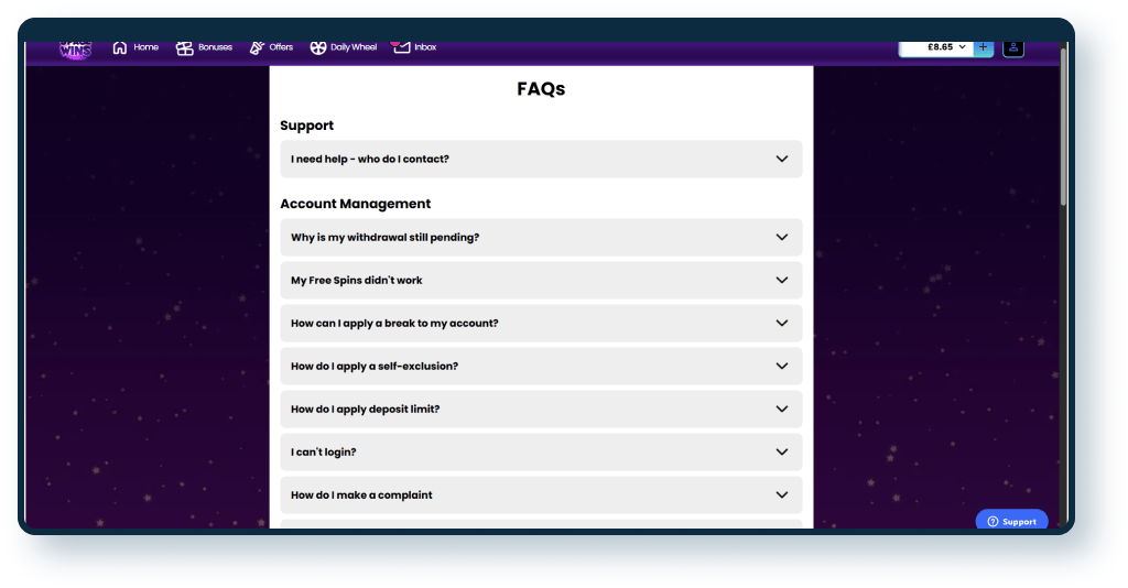Space Wins FAQ page