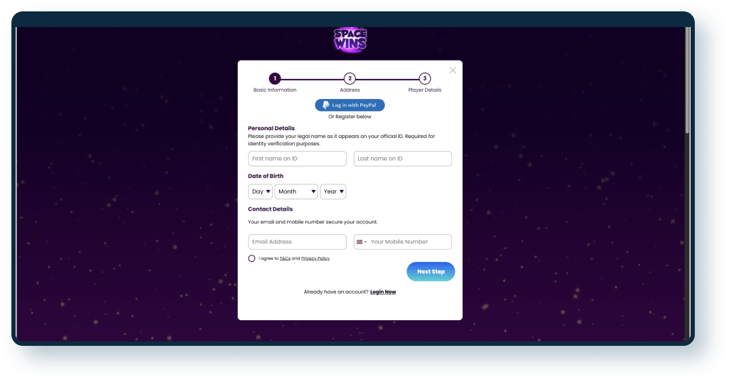 Space Wins Registration step 1