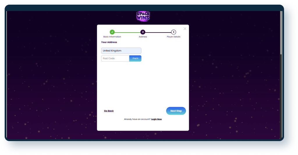 Space Wins Registration step 2