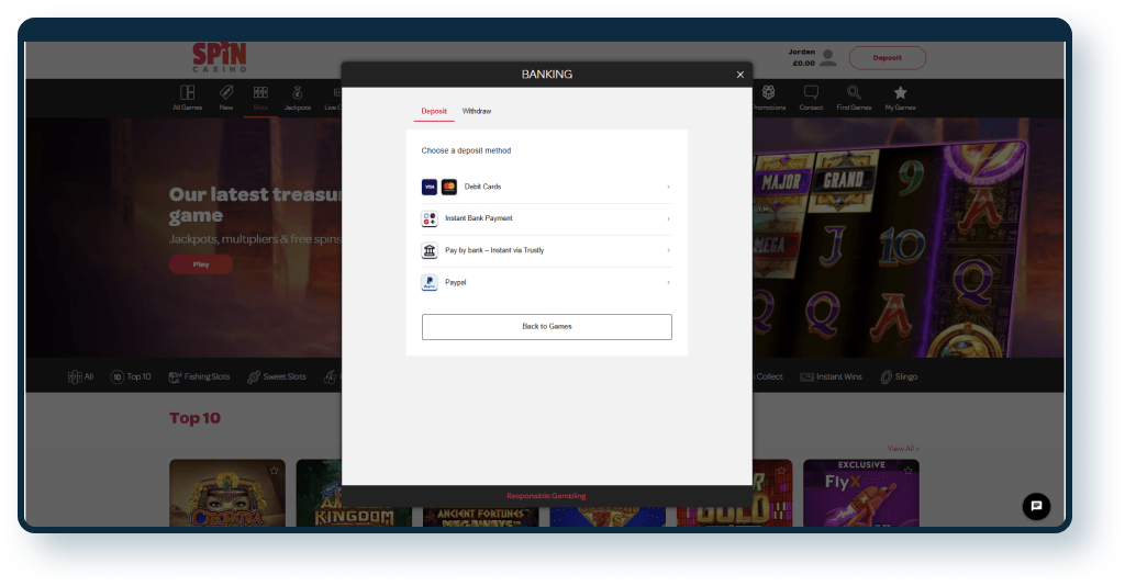 Spin Casino Deposit step 1