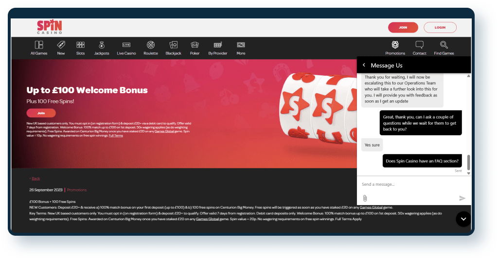 Spin Casino Live Chat 3