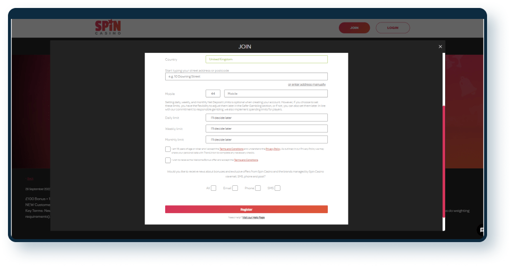 Spin Casino Registration step 3