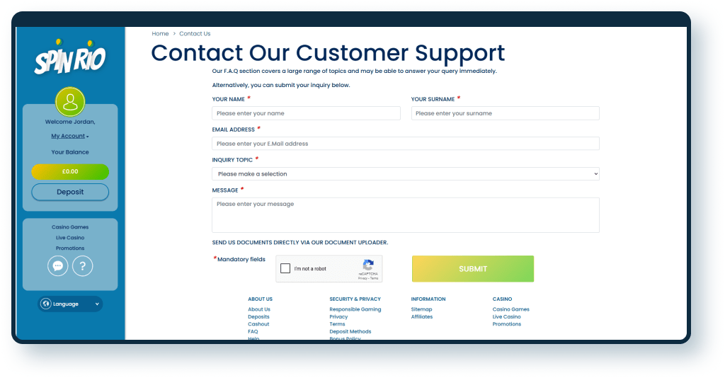 Spin Rio Casino Email Form