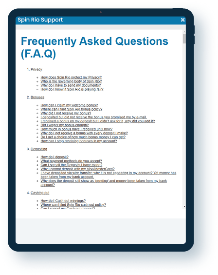Spin Rio Casino FAQ page 2