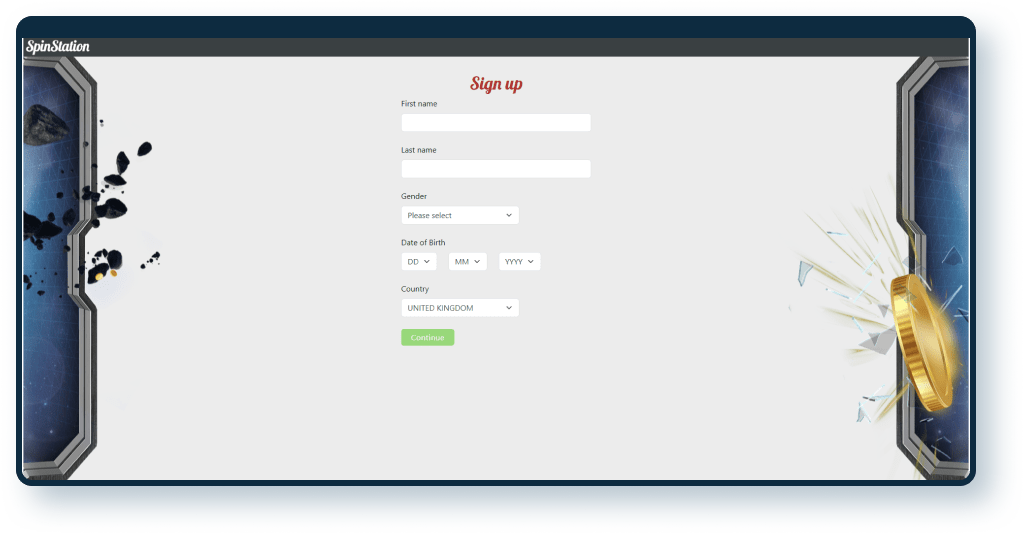 Spin Station Casino Registration step 1