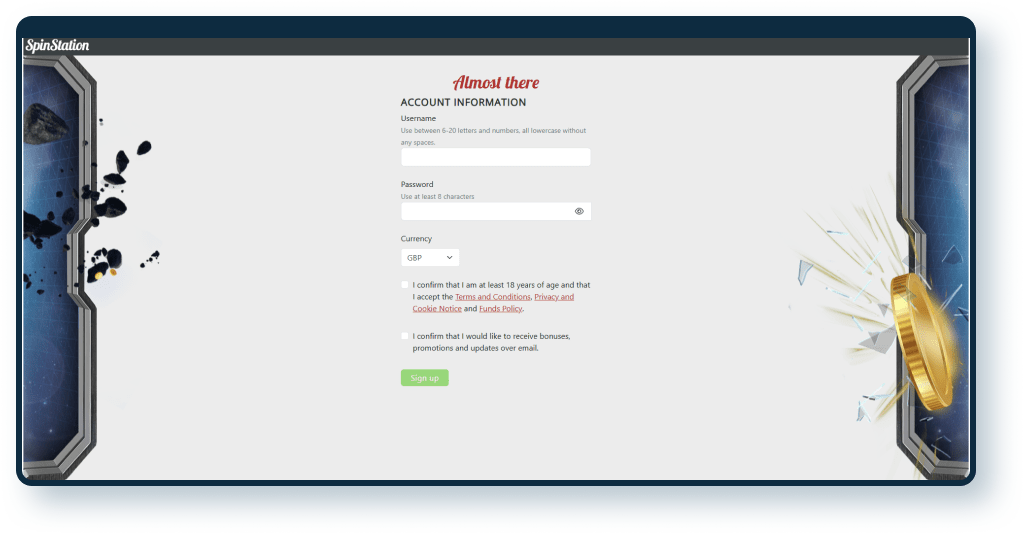 Spin Station Casino Registration step 3