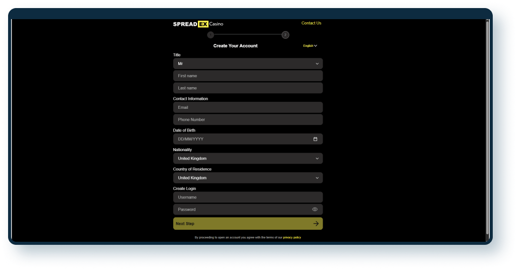 SpreadEx Registration step 1