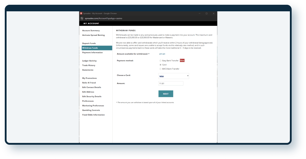 SpreadEx Withdrawal step 1
