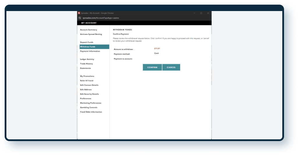 SpreadEx Withdrawal step 2