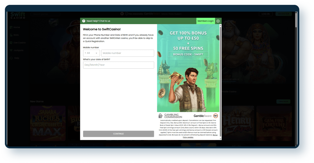 Swift Casino Registration step 1