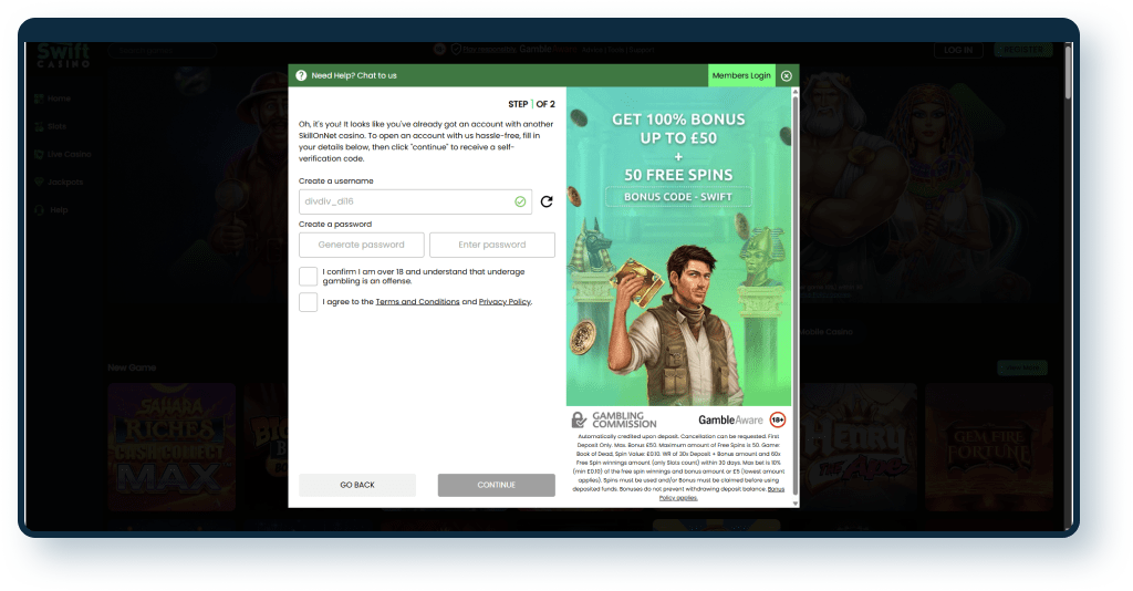 Swift Casino Registration step 2