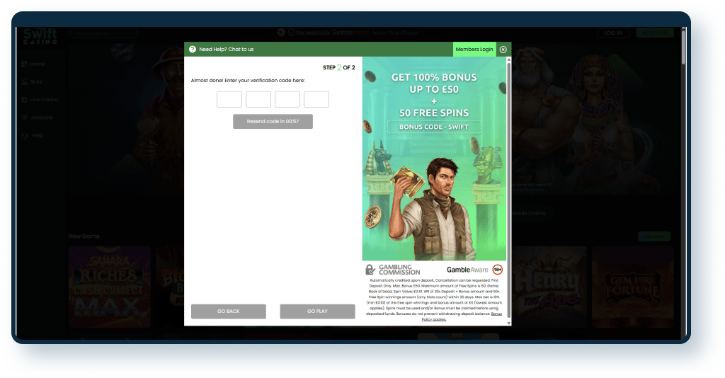 Swift Casino Registration step 3
