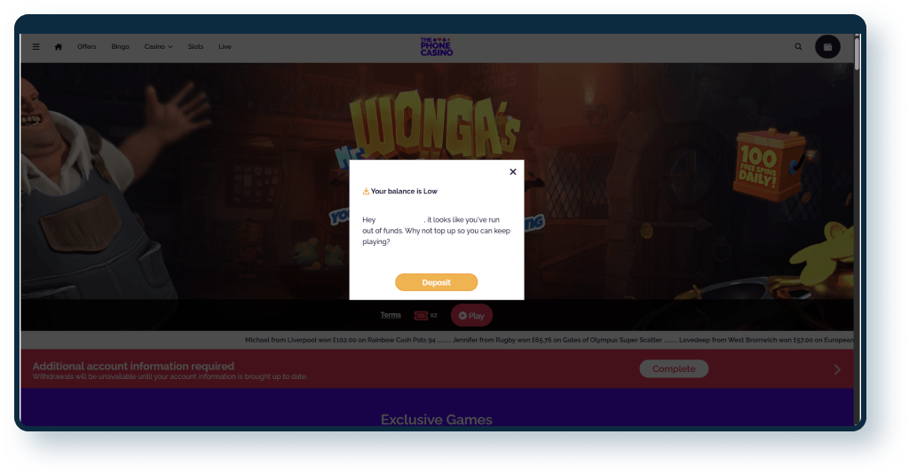 The Phone Casino Low Deposit Popup
