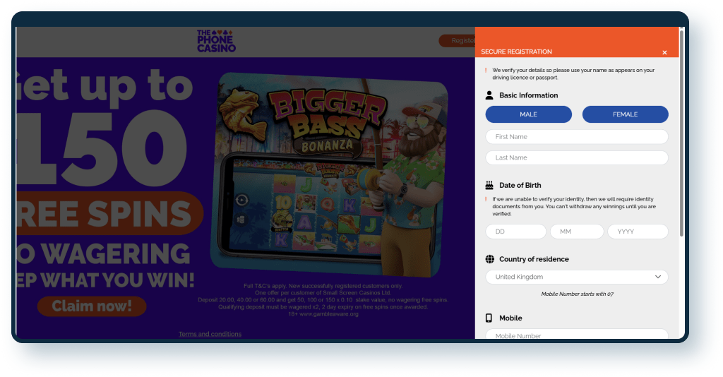 The Phone Casino Registration step 1