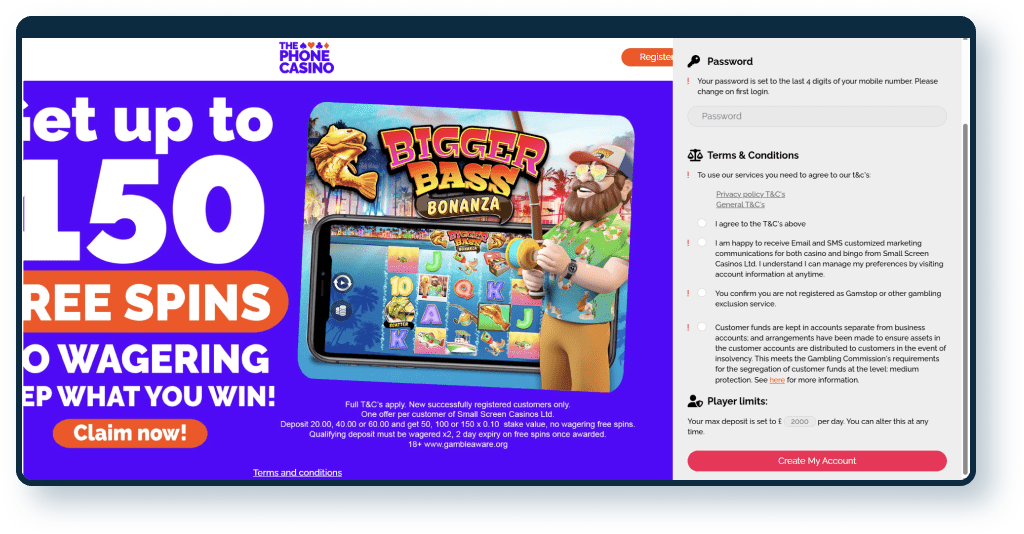 The Phone Casino Registration step 2