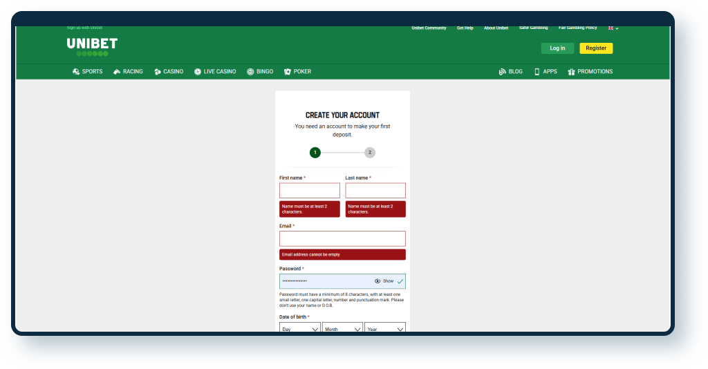 Unibet Casino Registration step 1