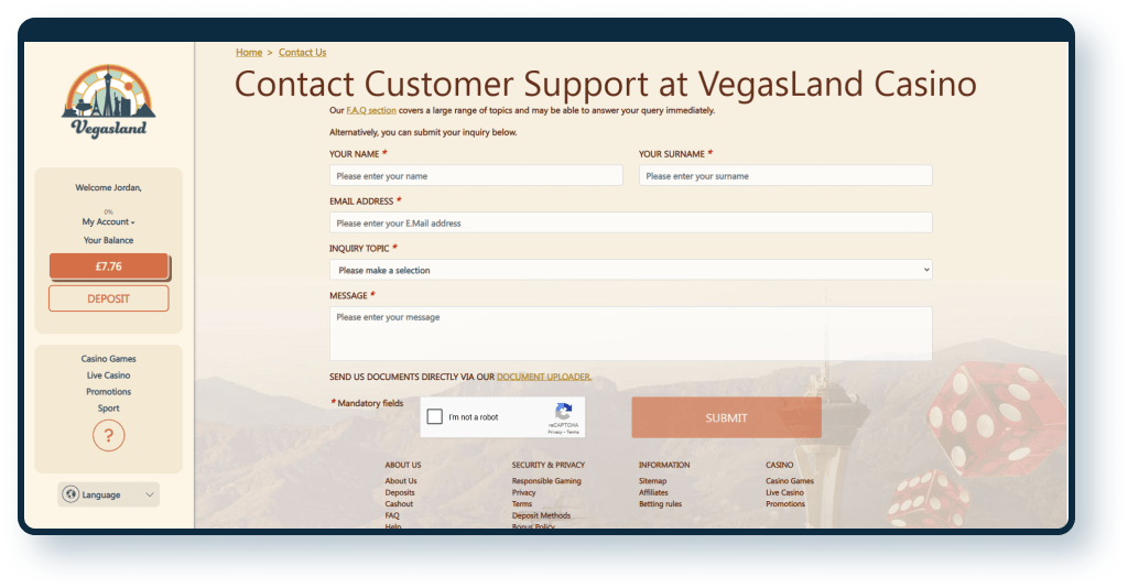 Vegas Land Casino Contact Form