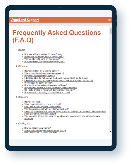 Vegas Land Casino FAQ page