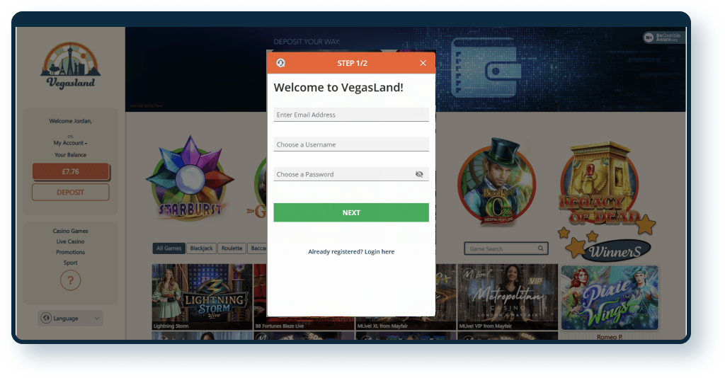 Vegas Land Casino Registration step 1